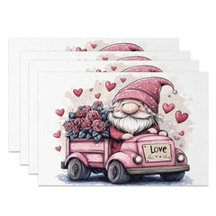 Aperturee - Aperturee Driving Gnome Pink Truck Set of 4 Placemats Rose Delivery Valentine Decoration Love License Plate Mat