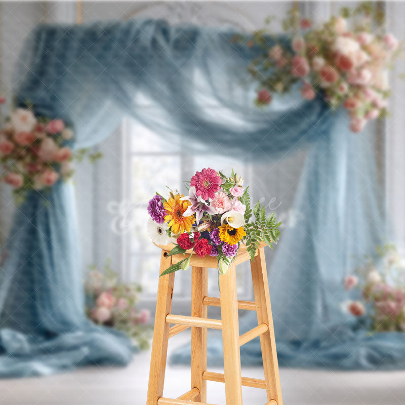 Aperturee - Aperturee Dusty Blue Draped Wedding Arch Photography Backdrop Pink Rose Floral Decor Elegant Indoor Ceremony Background