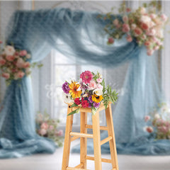 Aperturee - Aperturee Dusty Blue Draped Wedding Arch Photography Backdrop Pink Rose Floral Decor Elegant Indoor Ceremony Background