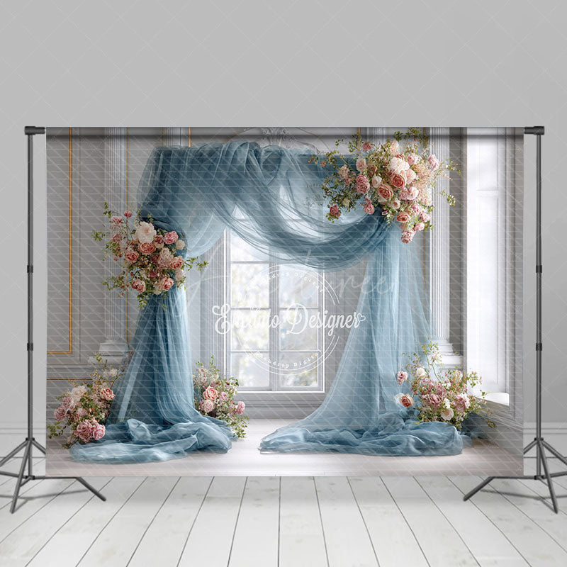 Aperturee - Aperturee Dusty Blue Draped Wedding Arch Photography Backdrop Pink Rose Floral Decor Elegant Indoor Ceremony Background