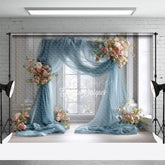 Aperturee - Aperturee Dusty Blue Draped Wedding Arch Photography Backdrop Pink Rose Floral Decor Elegant Indoor Ceremony Background