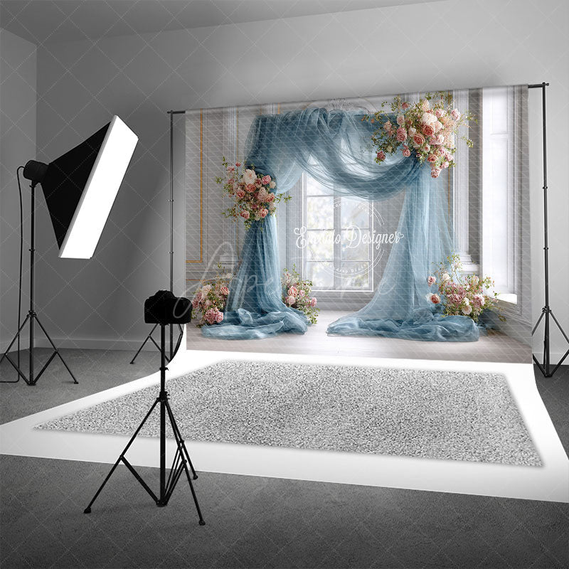 Aperturee - Aperturee Dusty Blue Draped Wedding Arch Photography Backdrop Pink Rose Floral Decor Elegant Indoor Ceremony Background