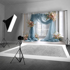 Aperturee - Aperturee Dusty Blue Draped Wedding Arch Photography Backdrop Pink Rose Floral Decor Elegant Indoor Ceremony Background