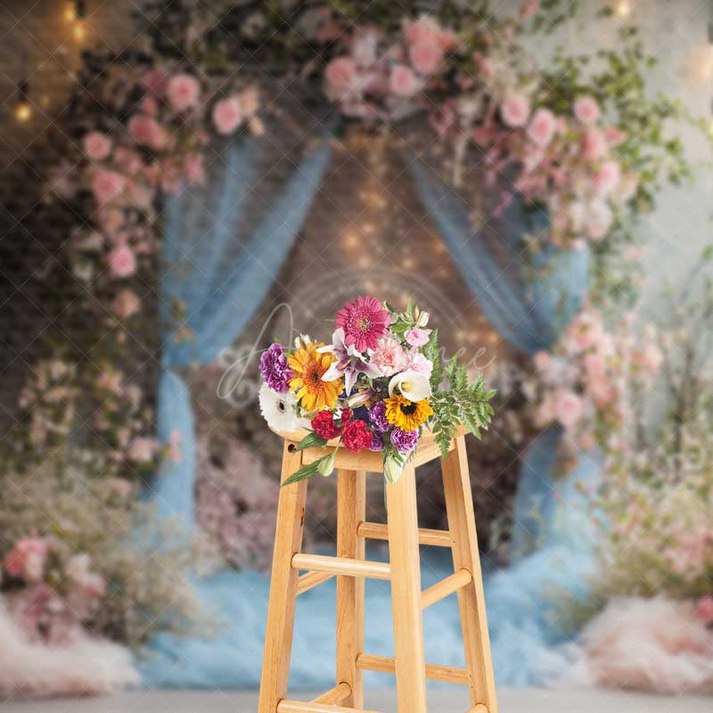 Aperturee Aperturee Dusty Blue Tulle Wedding Arch Photography Backdrop Romantic Pink Roses and Greenery Indoor Night Ceremony Prop