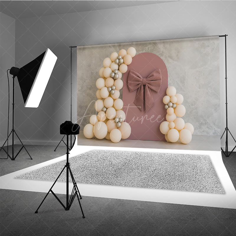 Aperturee Aperturee Dusty Rose Velvet Bow Cake Smash Backdrop Neutral Balloon Arch and Arch Panel Elegant Girl First Birthday Prop