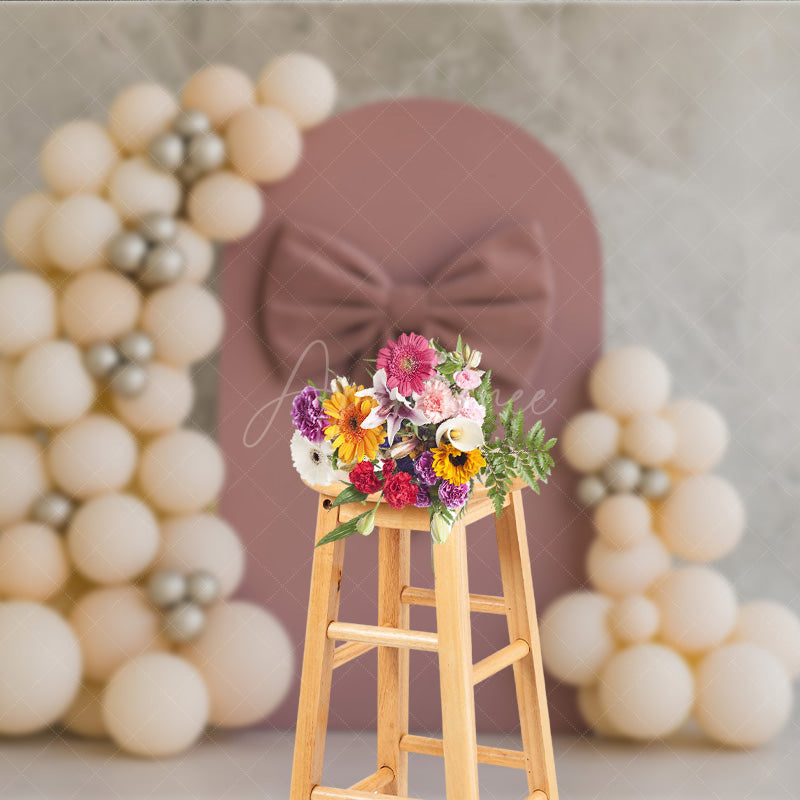 Aperturee Aperturee Dusty Rose Velvet Bow Cake Smash Backdrop Neutral Balloon Arch and Arch Panel Elegant Girl First Birthday Prop