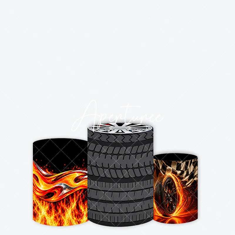 Aperturee - Aperturee Dynamic Black Racing Tire and Fiery Flames Cylinder Cover Checkered Flag Speed Theme Party Decor