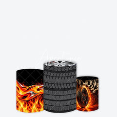 Aperturee - Aperturee Dynamic Black Racing Tire and Fiery Flames Cylinder Cover Checkered Flag Speed Theme Party Decor
