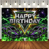 Aperturee - Aperturee Dynamic Racing Car Birthday Backdrop with Green and Purple Neon Lightning Futuristic Party Decor