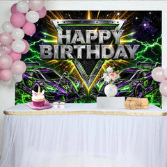 Aperturee - Aperturee Dynamic Racing Car Birthday Backdrop with Green and Purple Neon Lightning Futuristic Party Decor