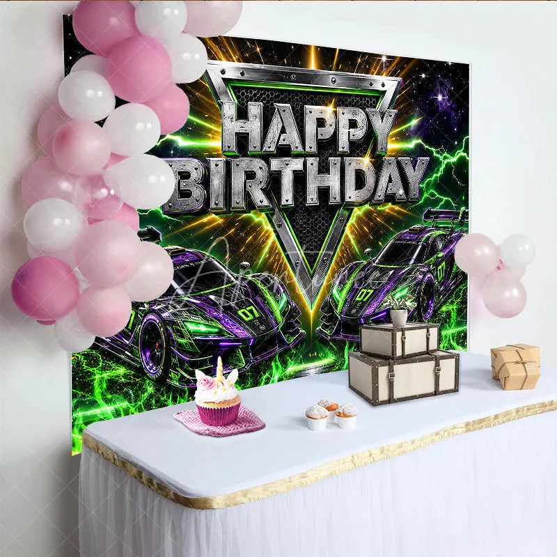 Aperturee - Aperturee Dynamic Racing Car Birthday Backdrop with Green and Purple Neon Lightning Futuristic Party Decor