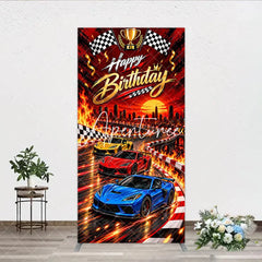 Aperturee - Aperturee Dynamic Red and Gold Racing Cars Happy Birthday Rectangle Arch Backdrop with Checkered Flags City Skyline Party Decor