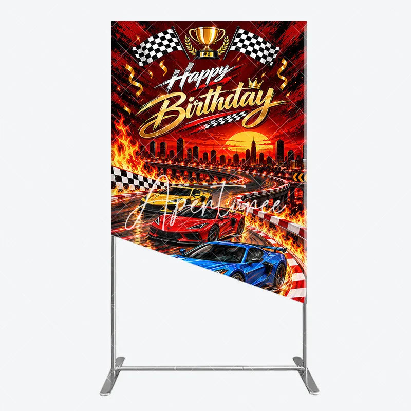 Aperturee - Aperturee Dynamic Red and Gold Racing Cars Happy Birthday Rectangle Arch Backdrop with Checkered Flags City Skyline Party Decor