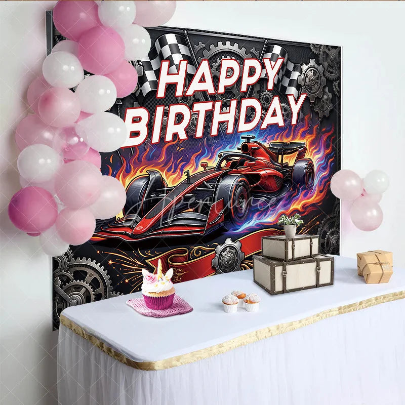 Aperturee - Aperturee Dynamic Red Racing Car Birthday Backdrop with Checkered Flags and Gears Happy Birthday Party Decor