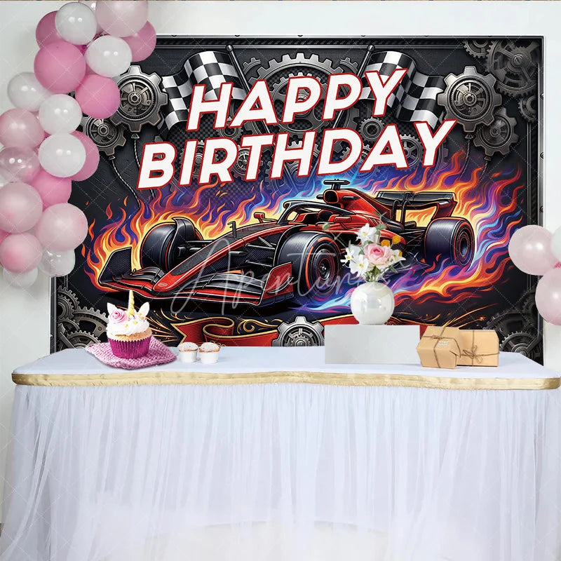 Aperturee - Aperturee Dynamic Red Racing Car Birthday Backdrop with Checkered Flags and Gears Happy Birthday Party Decor