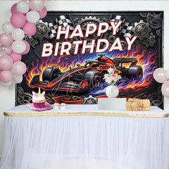 Aperturee - Aperturee Dynamic Red Racing Car Birthday Backdrop with Checkered Flags and Gears Happy Birthday Party Decor
