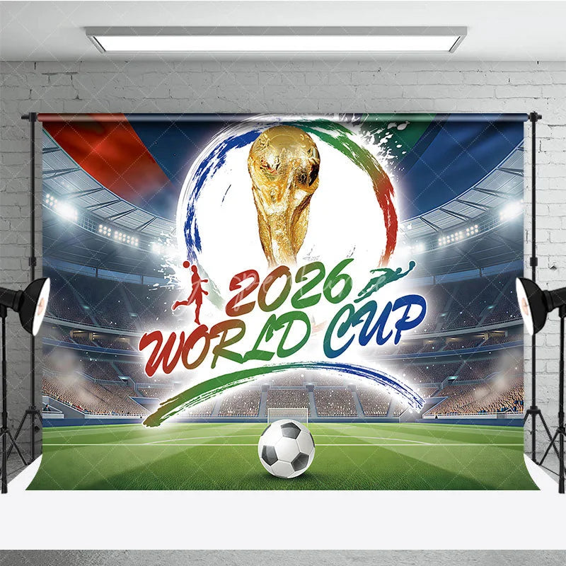 Aperturee - Aperturee Dynamic Soccer Stadium Holiday Backdrop featuring a Golden Championship Trophy and Football Ball for Sports Party