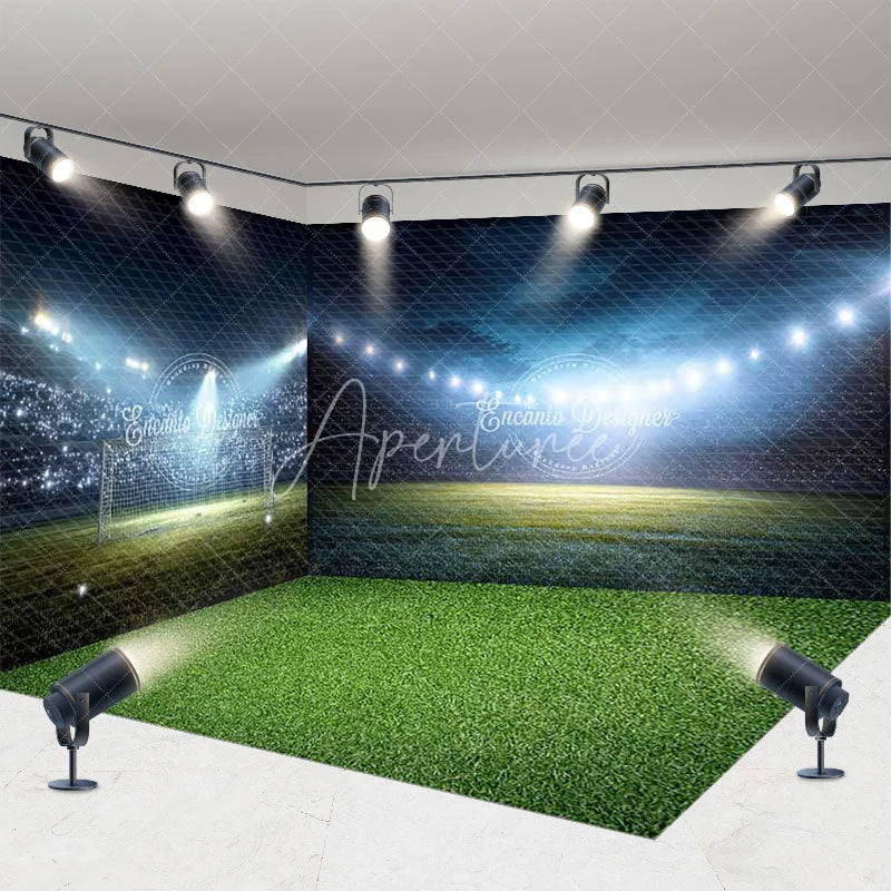 Aperturee - Aperturee Dynamic Soccer Stadium Room Set Backdrop with Green Field and Bright Spotlights Sports Game Night Party Decor