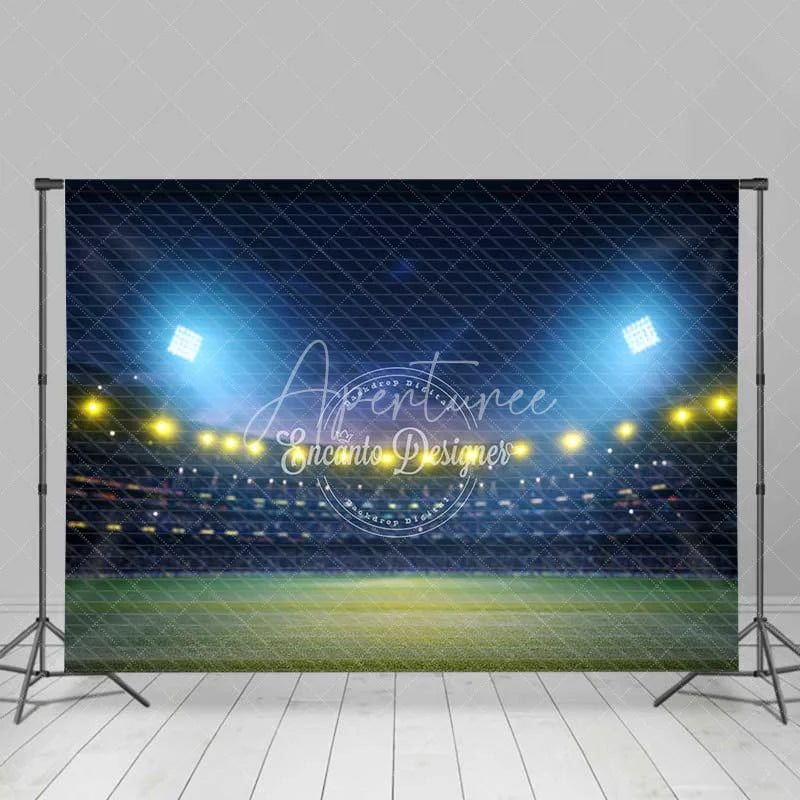 Aperturee - Aperturee Dynamic Sports Stadium Night Game Backdrop Bright Floodlights Green Field Audience Stands Photography Background