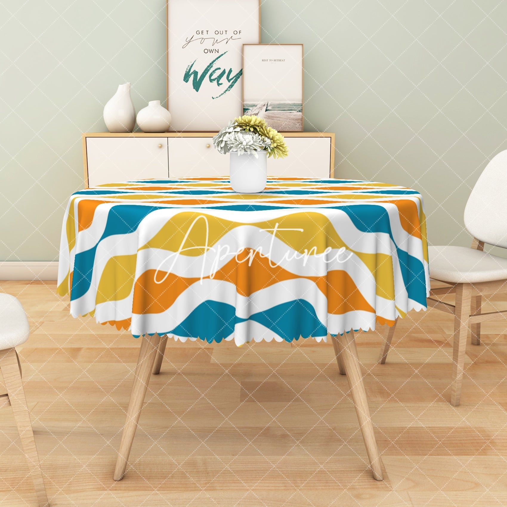 Aperturee - Aperturee Dynamic Yellow Blue Trim Modern Rectangle Tablecloth