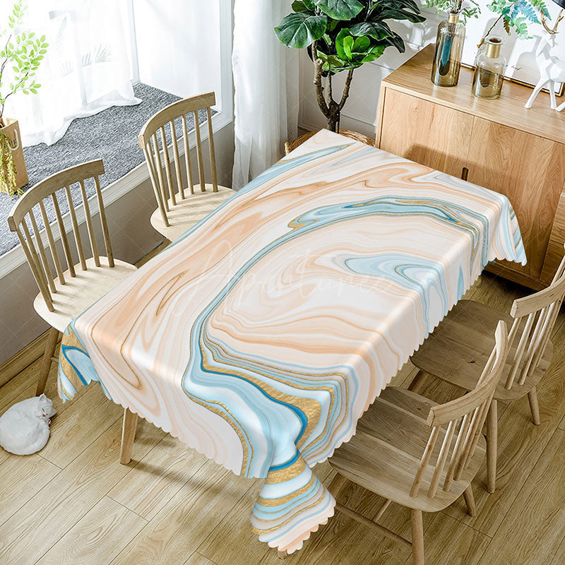 Aperturee - Aperturee Earth Tone Abstract Rectangle Tablecloth with Blue and Beige Gradient for Modern Coastal Dining Decor