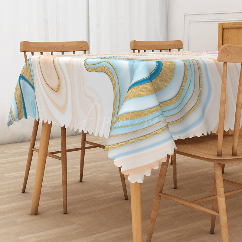Aperturee - Aperturee Earth Tone Abstract Rectangle Tablecloth with Blue and Beige Gradient for Modern Coastal Dining Decor