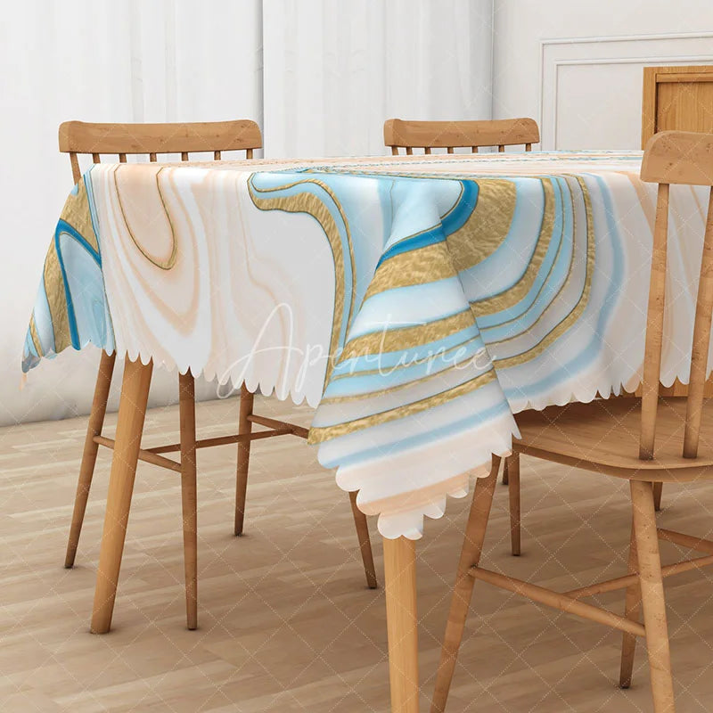 Aperturee - Aperturee Earth Tone Abstract Rectangle Tablecloth with Blue and Beige Gradient for Modern Coastal Dining Decor
