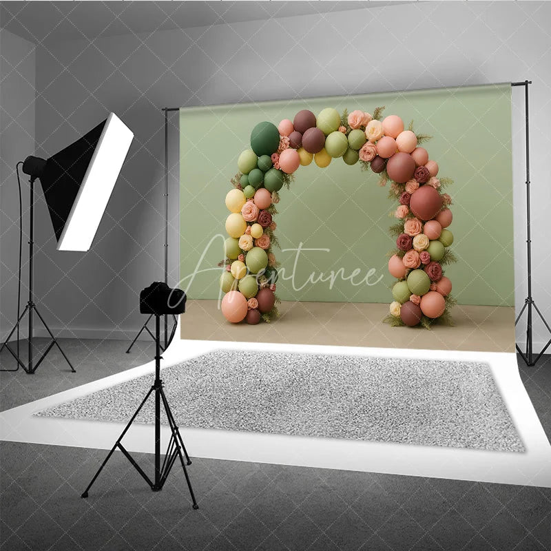 Aperturee - Aperturee Earth Tone Balloon Arch Photography Backdrop with Roses Boho Floral Decor for Wedding Bridal or Baby Shower