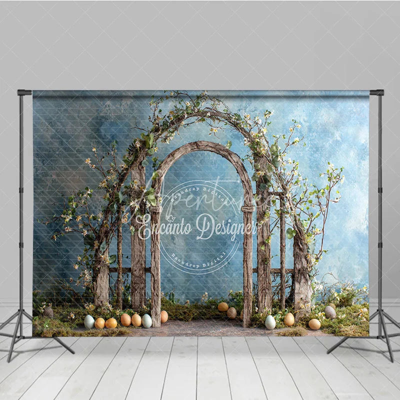 Aperturee - Aperturee Easter Arch Backdrop Rustic Spring Floral Wood Gate and Colorful Eggs Garden Photography Background