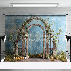 Aperturee - Aperturee Easter Arch Backdrop Rustic Spring Floral Wood Gate and Colorful Eggs Garden Photography Background