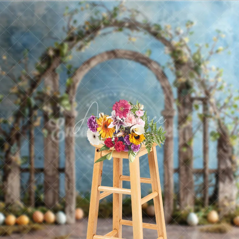 Aperturee - Aperturee Easter Arch Backdrop Rustic Spring Floral Wood Gate and Colorful Eggs Garden Photography Background