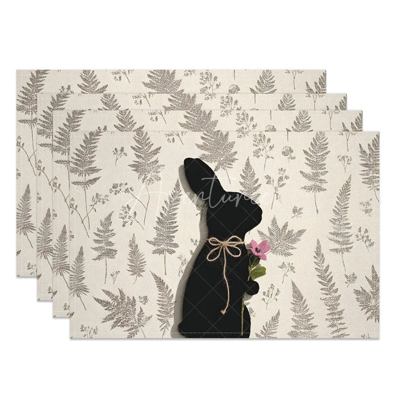 Aperturee - Aperturee Easter Black Bunny Set of 4 Placemats Grey Fern Silhouette Rabbit Linen Table Mats for Spring