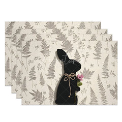 Aperturee - Aperturee Easter Black Bunny Set of 4 Placemats Grey Fern Silhouette Rabbit Linen Table Mats for Spring