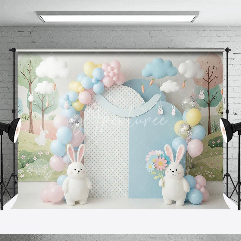 Aperturee - Aperturee Easter Bunny and Hanging Carrots Backdrop Spring Woodland Garden and Balloon Arch for Cake Smash Photo