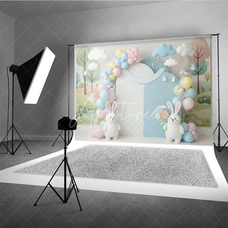 Aperturee - Aperturee Easter Bunny and Hanging Carrots Backdrop Spring Woodland Garden and Balloon Arch for Cake Smash Photo