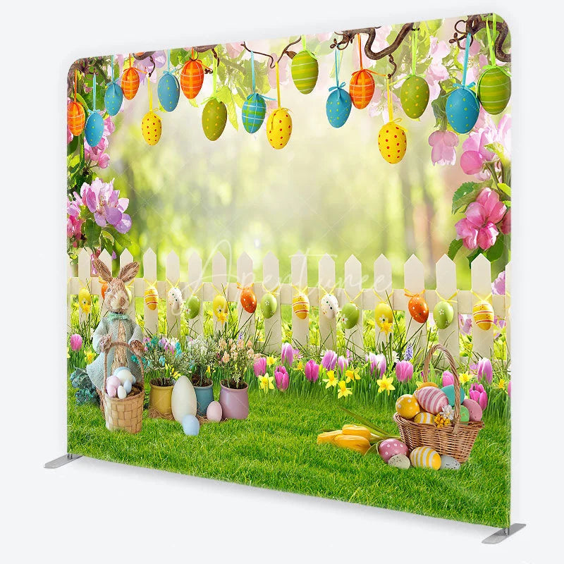 Aperturee - Aperturee Easter Bunny and Hanging Eggs Garden Backdrop White Fence Spring Floral Decor Tension Fabric Backdrop