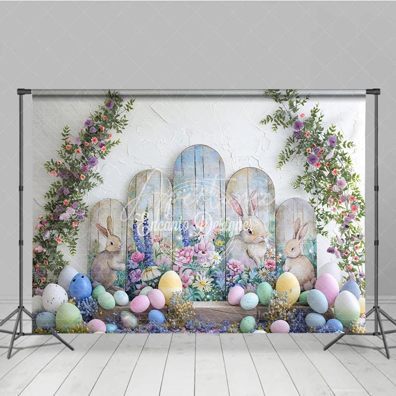 Aperturee - Aperturee Easter Bunny and Pastel Eggs Arch Backdrop Spring Floral Garden Party Decoration for Kids Photography