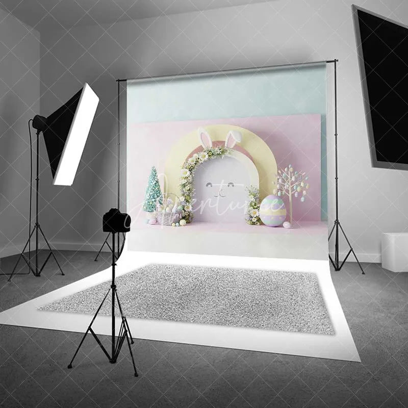 Aperturee - Aperturee Easter Bunny Face Backdrop Pink Floral Arch Ears Background Spring Pastel Eggs Baby Shower Birthday Party Prop