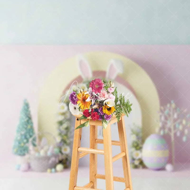 Aperturee - Aperturee Easter Bunny Face Backdrop Pink Floral Arch Ears Background Spring Pastel Eggs Baby Shower Birthday Party Prop
