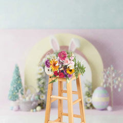 Aperturee - Aperturee Easter Bunny Face Backdrop Pink Floral Arch Ears Background Spring Pastel Eggs Baby Shower Birthday Party Prop