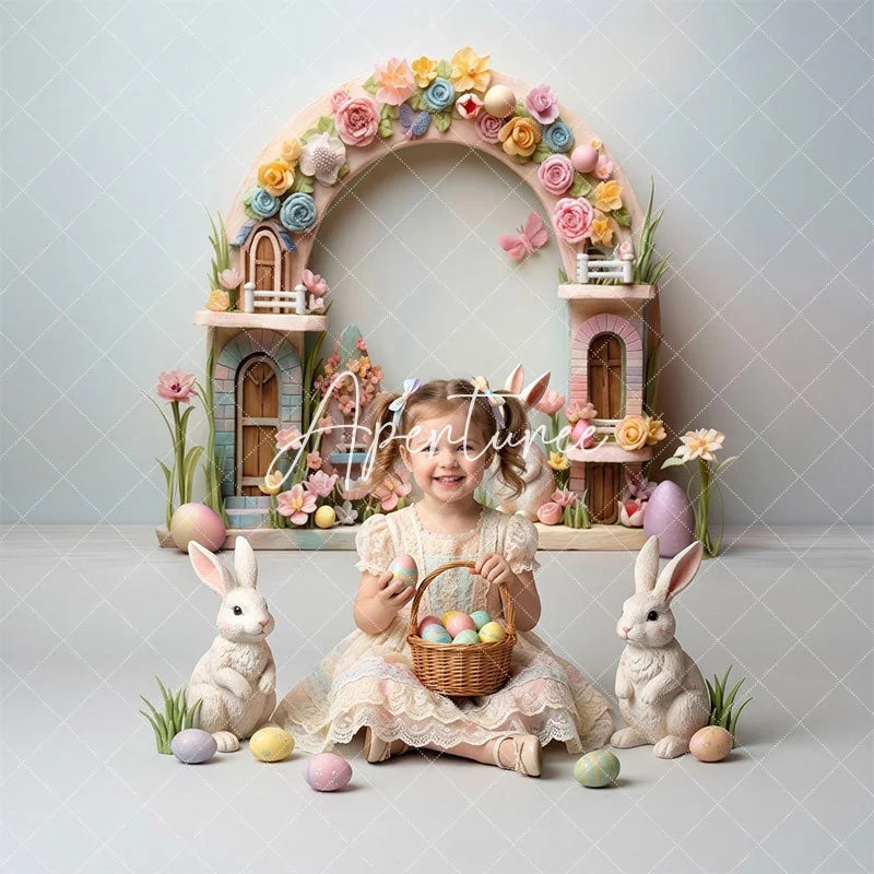 Aperturee - Aperturee Easter Bunny Floral Arch Combo Set Backdrop Pastel Spring Eggs and Whimsical Fairy House Party Decor