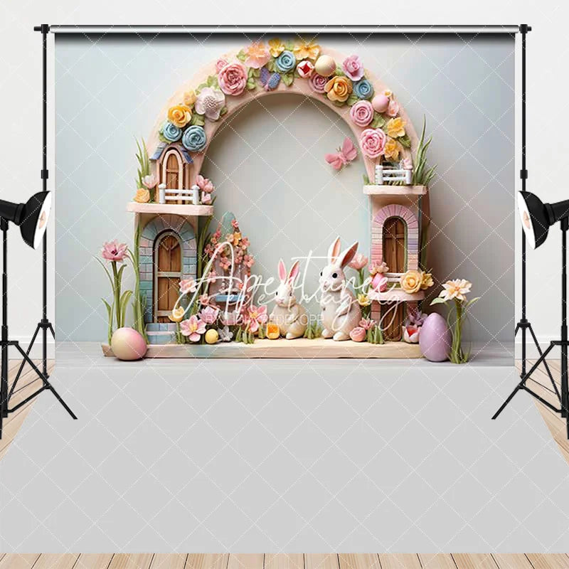 Aperturee - Aperturee Easter Bunny Floral Arch Combo Set Backdrop Pastel Spring Eggs and Whimsical Fairy House Party Decor