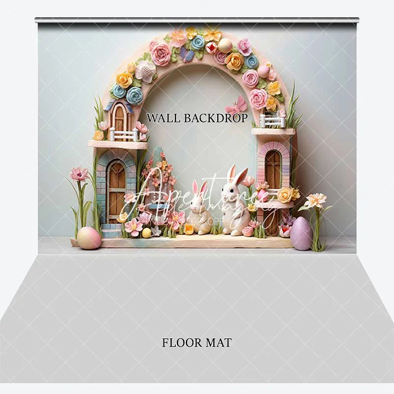 Aperturee - Aperturee Easter Bunny Floral Arch Combo Set Backdrop Pastel Spring Eggs and Whimsical Fairy House Party Decor