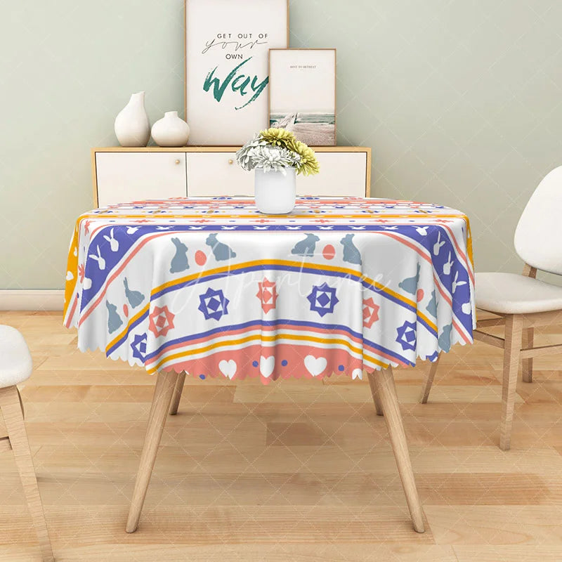 Aperturee - Aperturee Easter Bunny Geometric Print Round Tablecloth Colorful Folk Art Stripe Spring Holiday Dining Decor