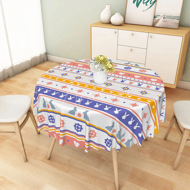 Aperturee - Aperturee Easter Bunny Geometric Print Round Tablecloth Colorful Folk Art Stripe Spring Holiday Dining Decor