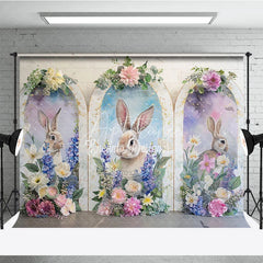 Aperturee - Aperturee Easter Bunny Golden Arch Backdrop Purple Flowers and Spring Rabbit Portrait Background