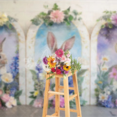 Aperturee - Aperturee Easter Bunny Golden Arch Backdrop Purple Flowers and Spring Rabbit Portrait Background