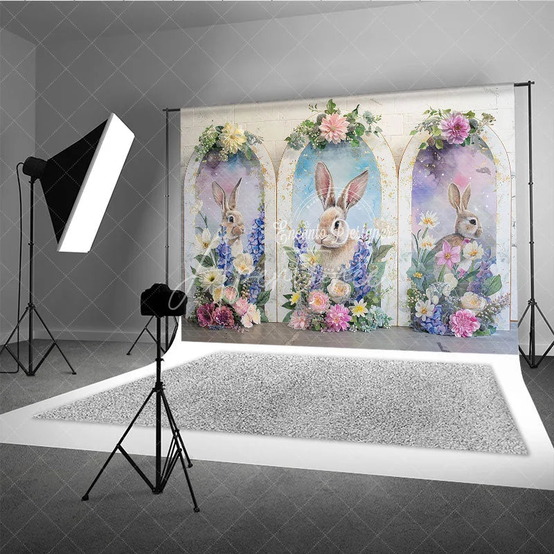 Aperturee - Aperturee Easter Bunny Golden Arch Backdrop Purple Flowers and Spring Rabbit Portrait Background