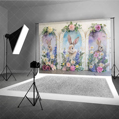 Aperturee - Aperturee Easter Bunny Golden Arch Backdrop Purple Flowers and Spring Rabbit Portrait Background