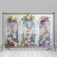 Aperturee - Aperturee Easter Bunny Golden Arch Backdrop Purple Flowers and Spring Rabbit Portrait Background